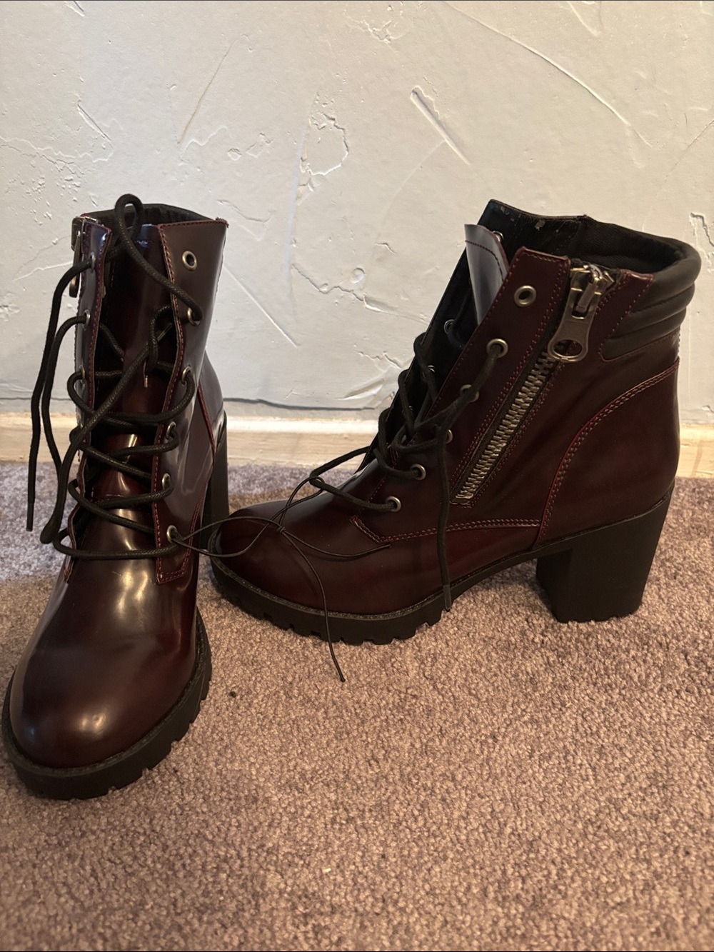 Steve Madden Women's Lace-Up Chunky Heel Ankle Boots - Burgundy
